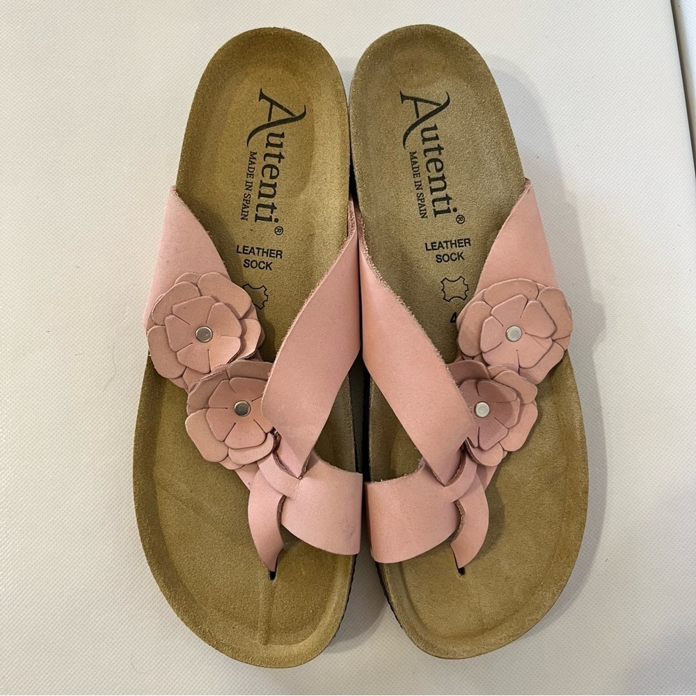 Autenti Pink Flower Leather Cork Wedge Sandals